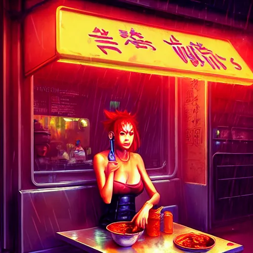 Image similar to splash art of anthropomorphic female vulpes vulpes fulva woman sitting at a noodle stand eating noodles in the crowded street of a cyberpunk city, rain, harsh neon lighting, realistic, ultra detailed, by greg rutkowski, wlop, sakimichan, artgerm