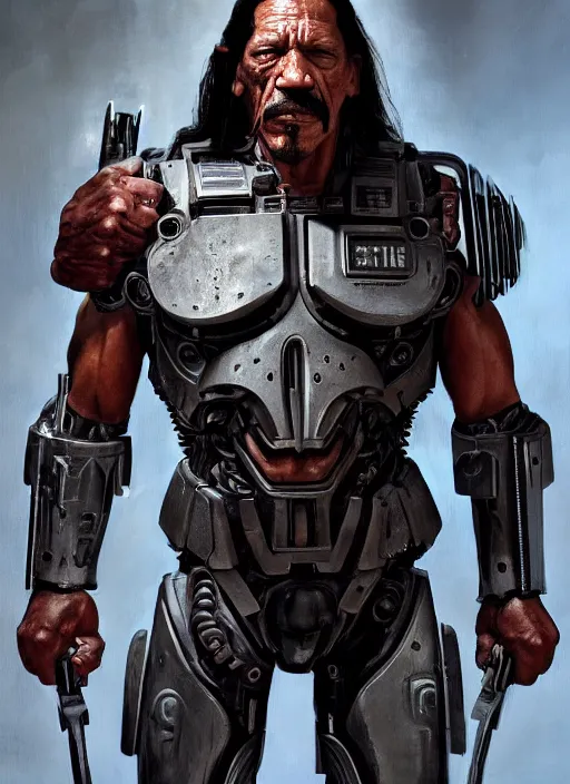 Prompt: danny trejo as victor stone, full body concept, cyborg, borg, strogg, face of a man, terminator, flesh, quake strogg, doom demon, wolfenstein, monstrous, powerful, symmetry, symmetrical, concept art by ruan jia and greg rutkowski