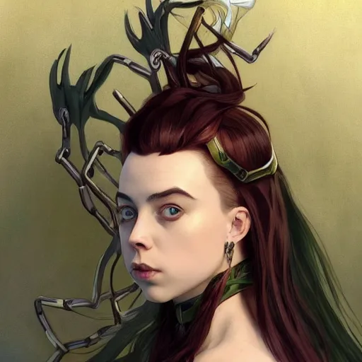 Image similar to Billie Eilish as Female Loki, very detailed, digital art, trending on artstation, concept art, smooth, illustration, art by artgerm and greg rutkowski and alphonse mucha and J. C. Leyendecker and Edmund Blair Leighton and Katsuhiro Otomo and Geof Darrow and Phil hale and Ashley wood and Ilya repin and Charlie Bowater