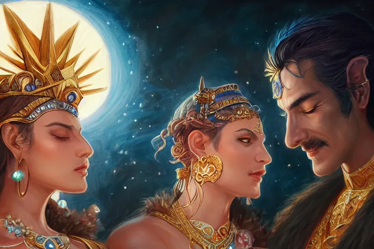 Image similar to close up moment of a divine a sun god and a moon goddess lovers magician at a wedding banquet, highly detailed, d & d, fantasy, highly detailed, digital painting, trending on artstation, concept art, sharp focus, illustration, art by artgerm and greg rutkowski and magali villeneuve