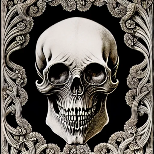 Image similar to art forms of nature by ernst haeckel, memento mori by arthur rackham, ornate antique porcelain beautiful skull mask, ultrasharp, photorealistic, hyperdetailed, octane render, polished, art nouveau, neo - gothic, gothic, intricate ornamental organic filigree, art nouveau botanicals, art forms of nature by ernst haeckel, horizontal symmetry, symbolist, visionary