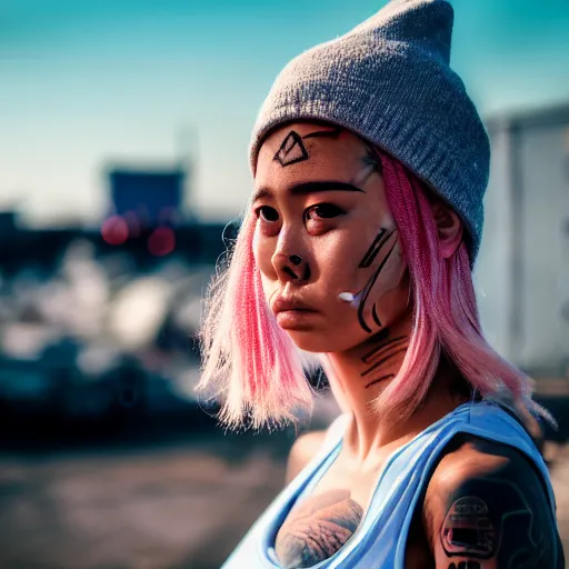 Image similar to photographic portrait of a streetwear woman with watery eyes, a futuristic shanty town burns in the background, closeup, distress, tattoos, sigma 85mm f/1.4, 4k, depth of field, high resolution, 4k, 8k, hd, full color