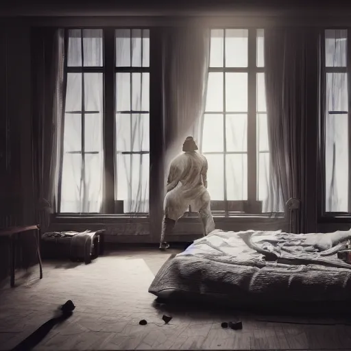 Prompt: a shadow figure standing in front of the bed while a person sleeps in it, volumetric lighting, 8 k octane beautifully detailed render, post - processing, extremely hyper - detailed, intricate, epic composition, cinematic lighting, masterpiece, trending on artstation, detailed detailed detailed, masterpiece, stunning art by anders zorn, wonderful masterpiece by greg rutkowski, beautiful cinematic light,