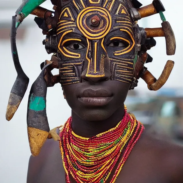 Image similar to a beautiful cyborg made of african ceremonial masks