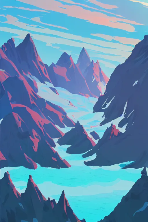 Image similar to sunrise mountain water vector illustration digital art by james gilleard trending on artstation