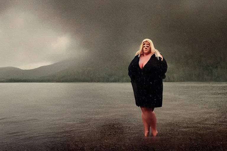 Image similar to a cinematic painting of gemma collins stood near a lake on a rainy day, beautiful lighting, high depth, ultra realistic, artistic, by annie leibovitz