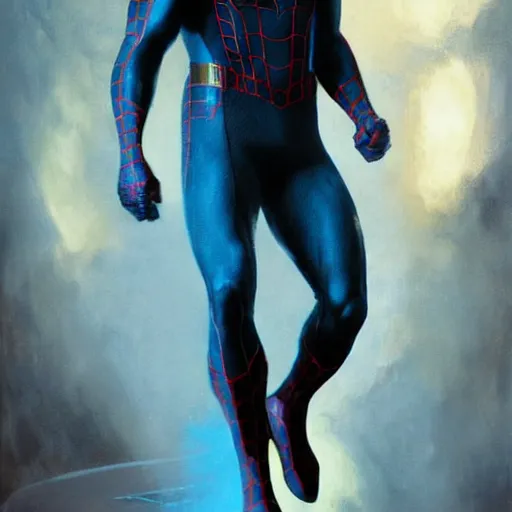 Image similar to ryan reynolds as spider - man, wearing a black and blue suit, cinematic, volumetric lighting, f 8 aperture, cinematic eastman 5 3 8 4 film, photorealistic by greg rutkowski, by stanley artgerm, by alphonse mucha