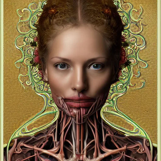 Image similar to face portrait of a beautiful woman, 150 mm, anatomical, flesh, flowers, mandelbrot fractal, veins, arteries, symmetric, intricate, golden ratio, full frame, microscopic, elegant, highly detailed, ornate, ornament, elegant , luxury, beautifully lit, ray trace, octane render in the style of peter Gric , alex grey and Romero Ressendi