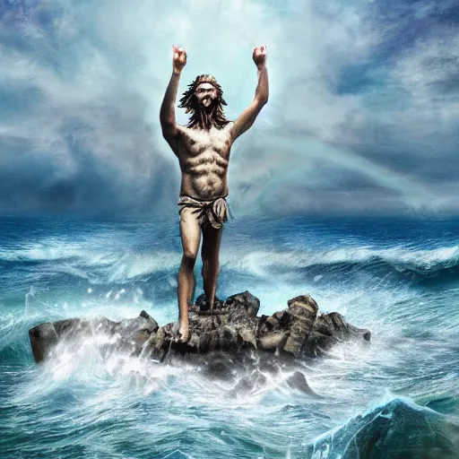 Image similar to Proud and screaming Poseidon rising from the ocean, ready to fight, fantasy art, photorealistic