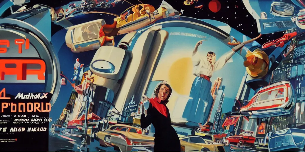 Image similar to still image from a retro futurism themed film about man who sells tupperware called tupperworld, cinematic, widescreen, imax, retro futurism fashion and architecture, movement, movie poster