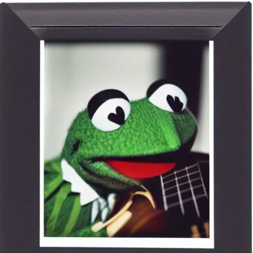 Prompt: Kermit the frog playing ukulele, polaroid photo, instax, white frame, by Warhol,
