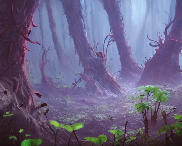 Prompt: alien forest with strange alien plants and fungi, award winning concept art trending on artstation