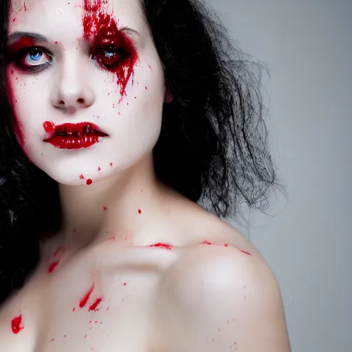 Image similar to professional headshot of an elegant female vampire with droplets of blood splattered across her face. high resolution, realistic, professional lighting, nikon camera, 8 k, imdb. com