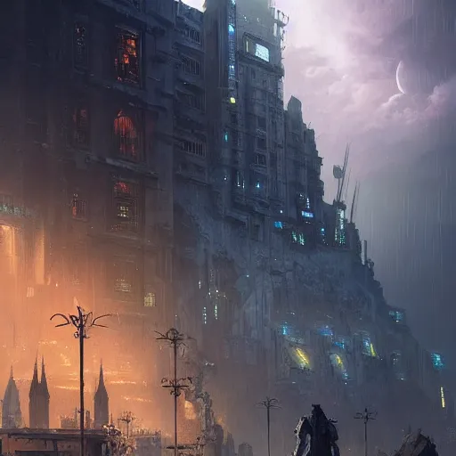 Image similar to a cyberpunk setting, dramatic light, castle background, clouds, moon, storm, night, high detail, fantasy background, painted by greg rutkowski, digital art, trending on artstation