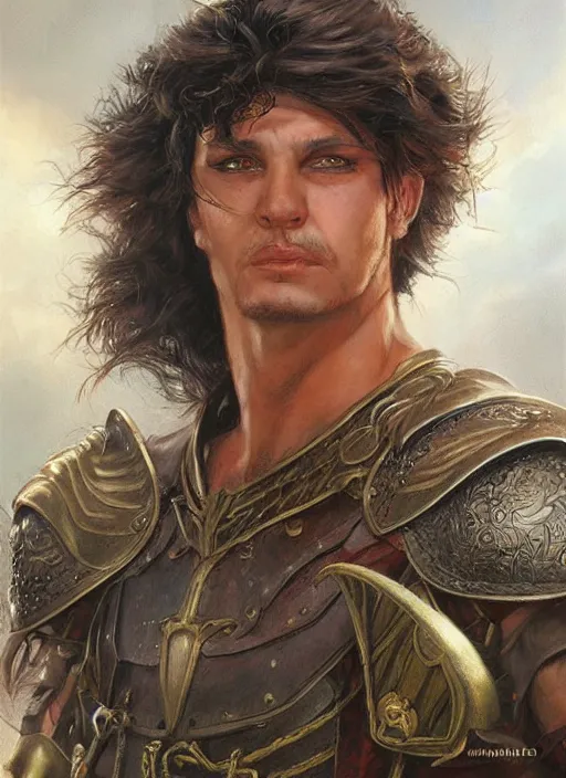 Prompt: a realistic fantasy portrait painting of a male warrior, ultra detailed, art by ralph horsley, swanland, sabbas