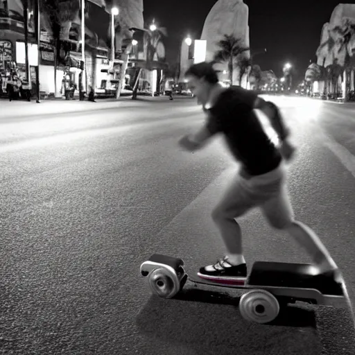 Prompt: a moai roller skating on the street, set at night