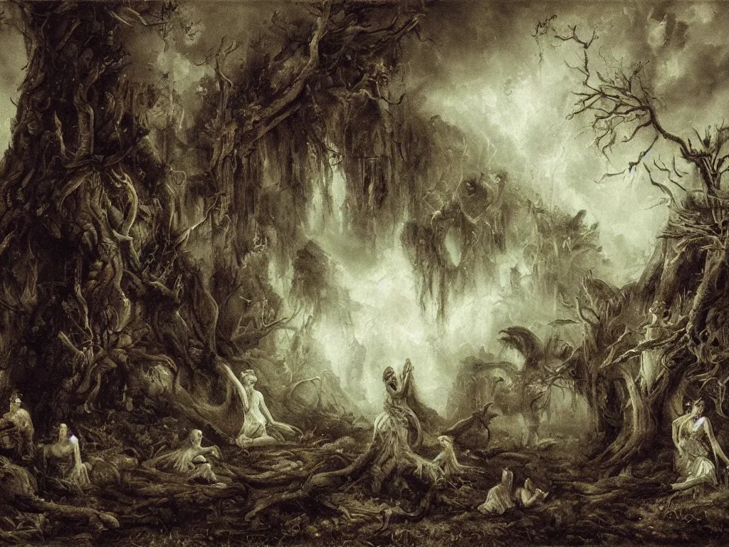 Prompt: forest spirits playing in the night near ruins in the style of Hermann Hendrich, neo-romanticism, european folklore