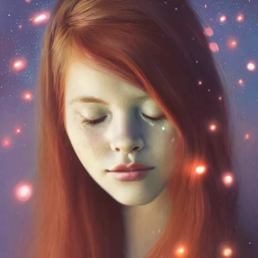 Prompt: photorealistic portrait of a red haired girl among wonderful golden light fireflies, with a round beautiful face, amazed soft smile, long hair, green eyes, hint of freckles, golden ratio, intricate details, colorful, elegant, digital painting, smooth, sharp focus, illustration, ultra realistic, 8 k, artt by sakimichan