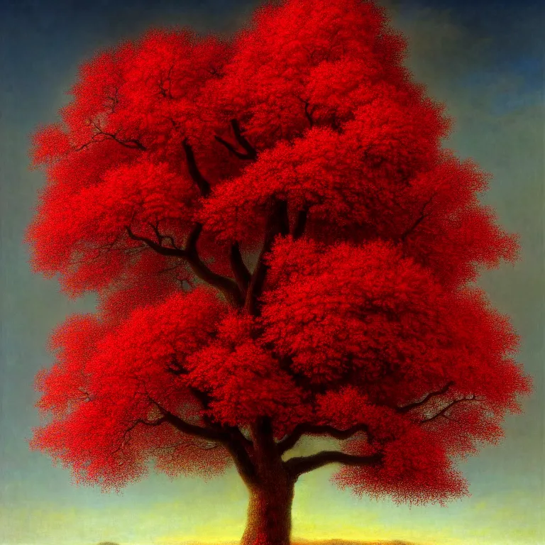 Prompt: a beautiful digital painting of a red tree! of immense size, with branches! reaching the sky, by odd nerdrum and gu hongzhong. 8 k high resolution. highly detailed. 8 k resolution. vivid color hues, autumn, october, blue sky