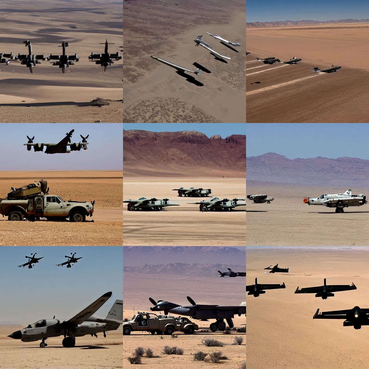 Prompt: an a - 1 0 warthog ground attack aircraft staffing a small group of vehicles in the desert