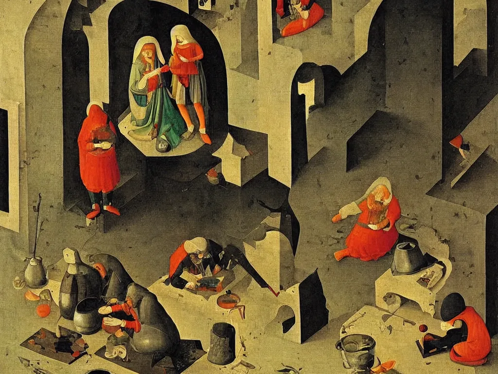 Image similar to obituary for an alchemist at night. simple painting by uccello paolo, bosch