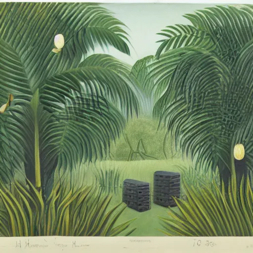 Image similar to a henri rousseau painting of a sustainable datacenter with servers bundled up in tropical vegetation.