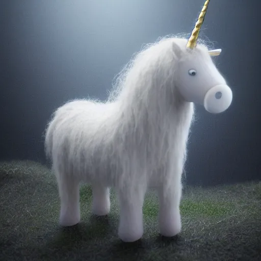 Image similar to full body pose, hyperrealistic photograph of a cute wooly unicorn, dim volumetric lighting, 8 k, octane beautifully detailed render, extremely hyper detailed, intricate, epic composition, cinematic lighting, masterpiece, trending on artstation, very very detailed, stunning, hdr, smooth, sharp focus, high resolution, award, winning photo, dslr, 5 0 mm