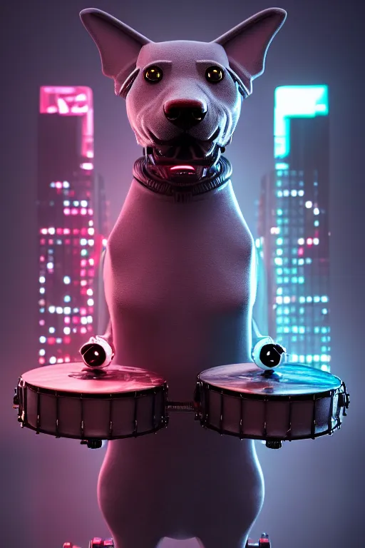 Prompt: high quality 3 d render very cute cyborg labrador! dog plays drums, multiple heads, cyberpunk highly detailed, unreal engine cinematic smooth, in the style of blade runner & pixar, hannah yata charlie immer, moody light, low angle, uhd 8 k, sharp focus