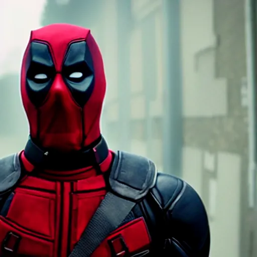 Prompt: film still of Christian Bale as Deadpool in new Deadpool film, 4k