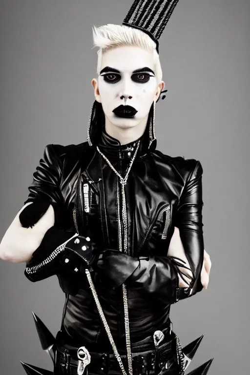 Prompt: a non - binary kenyan teenager in a black leather outfit with spikes on her head, a high fashion character portrait by christen dalsgaard, featured on behance, gothic art, androgynous, genderless, gothic