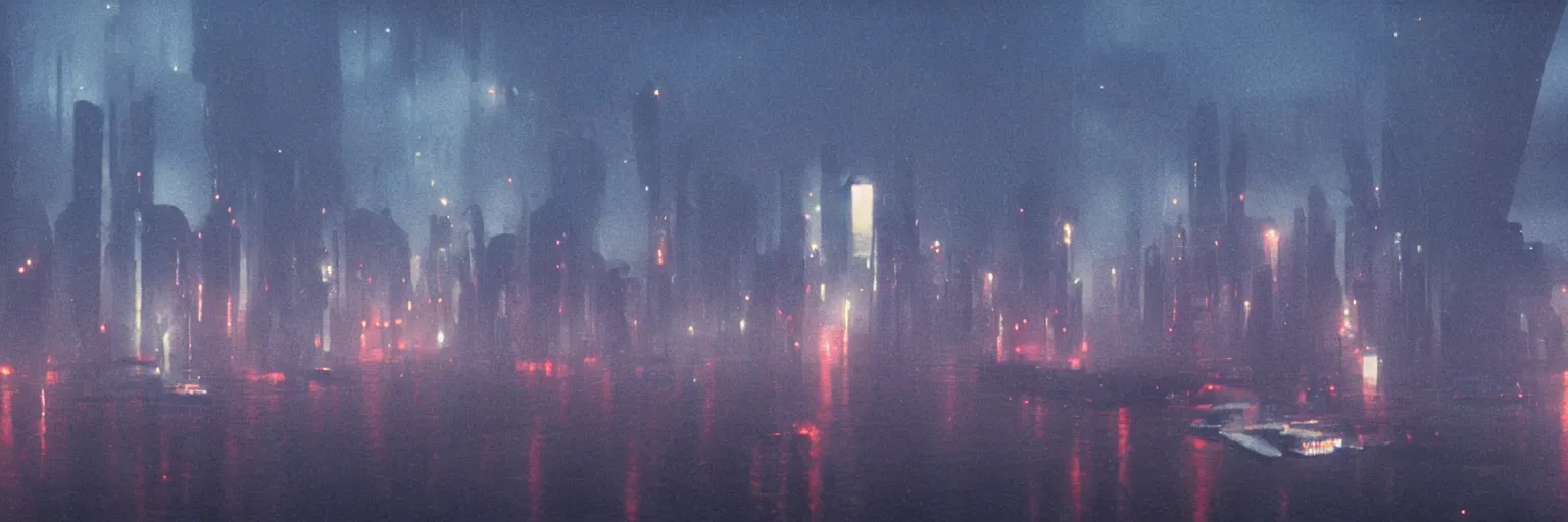 Image similar to The sky above the port was the color of television, tuned to a dead channel. In the style of Blade Runner, CyberPunk.