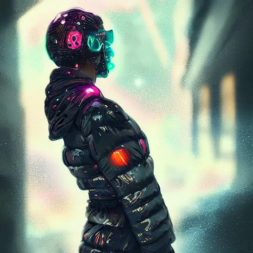 Image similar to skill magic deepdream guard girl cyberpunk futuristic, reflective puffer jacket, black leggings from the back radiating a glowing aura by ismail inceoglu dragan bibin hans thoma, perfect face, fine details, realistic shaded, fine - face, pretty face