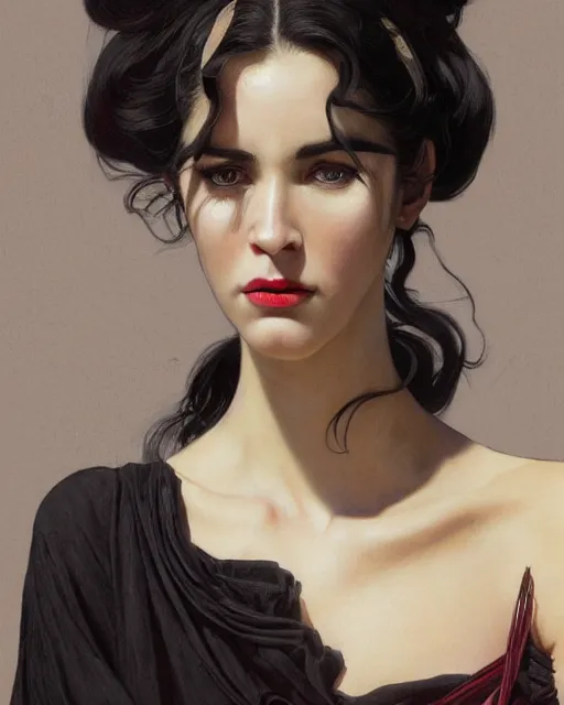 Image similar to portrait of a tall 4 0 - year - old woman with thin lips, long, lush black hair gathered on the head bun, and thick eyebrows, haughty facial expression, wearing in black clothes, aristocratic appearance, hyper realistic face, beautiful eyes, close up, fantasy art, in the style of greg rutkowski, intricate, alphonse mucha, hyper detailed, smooth