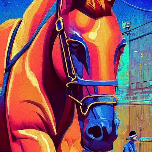 Prompt: 4 0 1 1 6 7 1 9 2 4 a graph style gauche impasto, horse is not mine, steampunk, cyberpunk art by james gilleard, city depth of field, cgsociety, retrofuturism, synthwave, retrowave, outrun, paint, high detail.