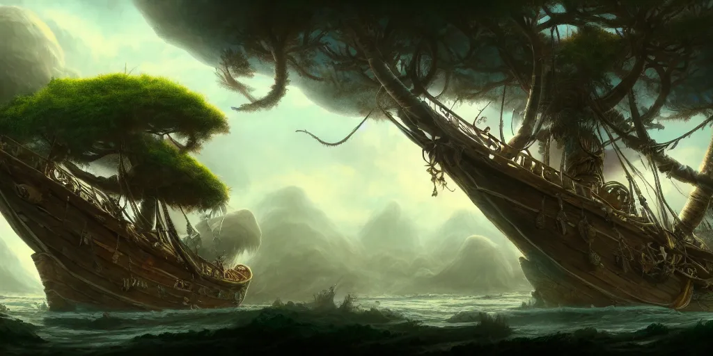 Image similar to A pirate ship stranded in the treetops of giant oaks, game art matte painting hyperdetailed, artstation, cgsociety, 8k, surreal dream landscape