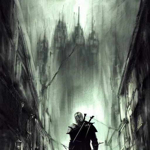 Image similar to Witcher, big city background, artwork by Ben Templesmith, deviantart contest winner,