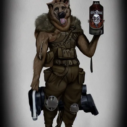 Image similar to a humanoid german shepherd beast - man in military style, holding a bottle of beer, artstation, concept art, smooth, sharp foccus ilustration, artstation