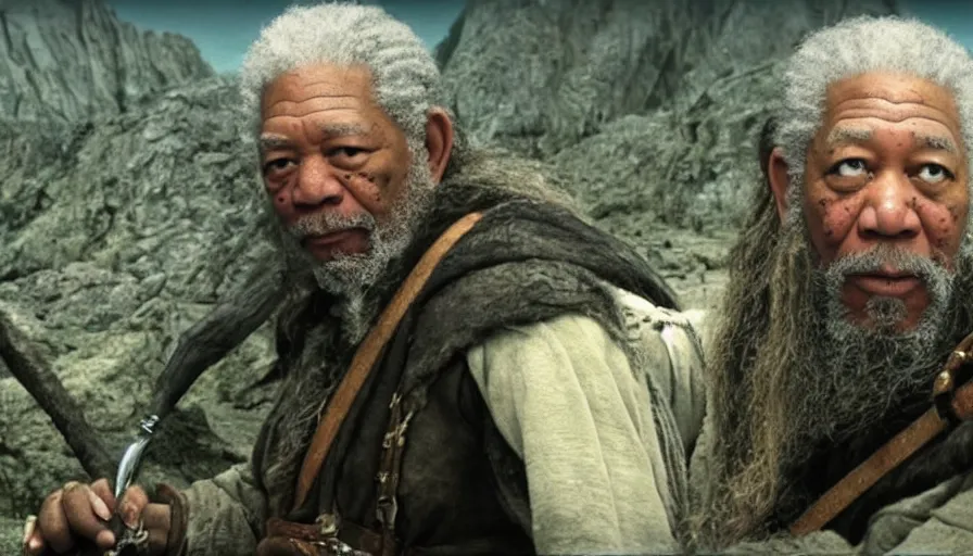 Image similar to morgan freeman starring as gimli in lord of the rings, full body, cnn news footage.