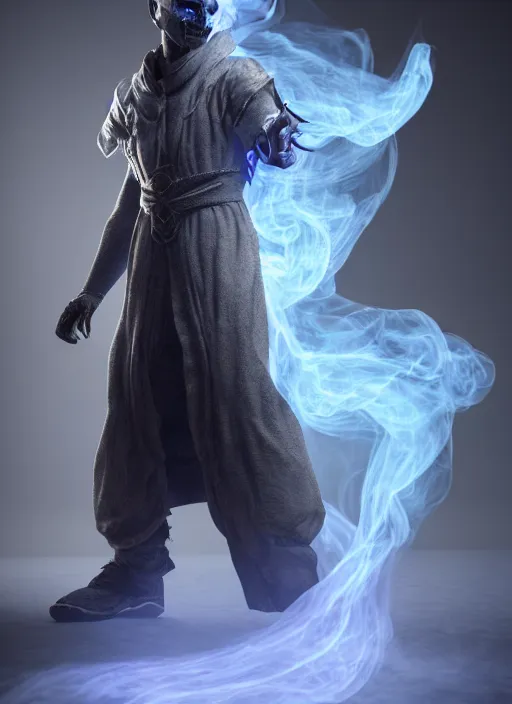 Image similar to highly detailed stunning image of ghost sorcerer full body!! 3 d octane render, unreal engine, hyper realistic, realistic, soft illumination, surrounded in dask wispy smoke!! trending artstation