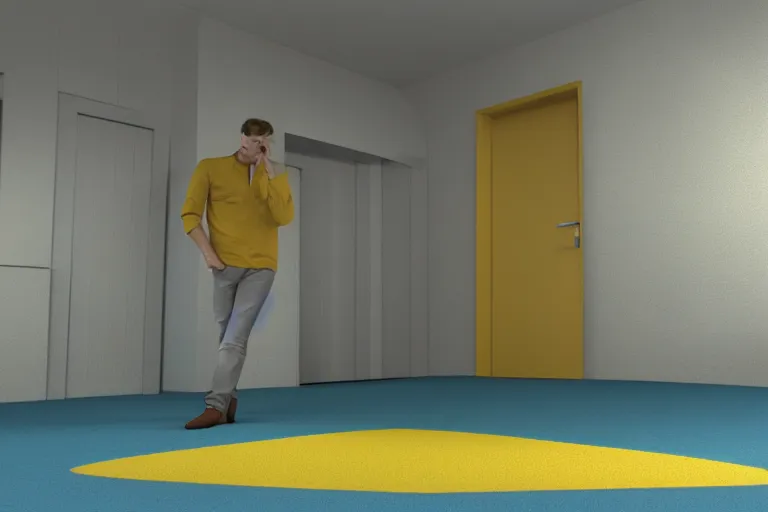 Prompt: 3 d render of jerma 9 8 5, jerma in a liminal space, non - euclidean space, endless halls of office space with worn light mono - yellow 7 0 s wallpaper, old moist carpet, and inconsistently - placed fluorescent lighting | high octane | blender | 3 d render