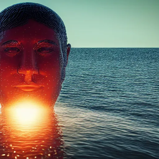 Image similar to a giant sculpture of a human head on the ocean, made purely out of water, cinematic, in the style of chad knight, long shot, hyper detailed, hyper realistic, ray tracing, 8 k resolution, sharp focus, realistic water, award winning