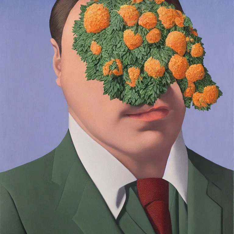 Image similar to portrait of man in a suit that has flowers hiding his head by rene magritte, detailed painting, hd, hq, high resolution, high detail, 4 k, 8 k