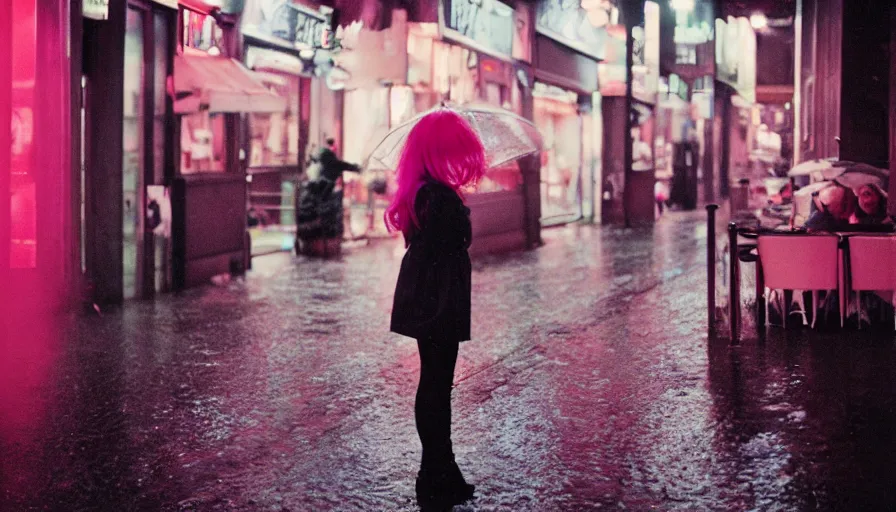 Image similar to street of paris photography, night, rain, mist, a girl with pink hair sitting in a cafe, cinestill 8 0 0 t, in the style of william eggleston