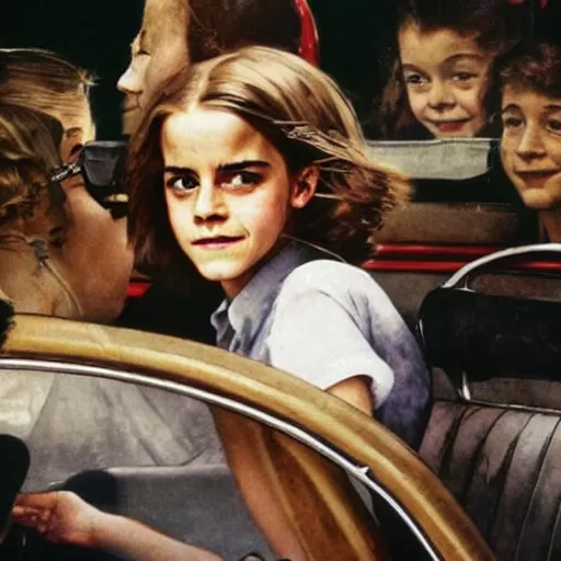 Prompt: Emma Watson driving a school bus full of Emma Watsons, Norman Rockwell