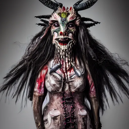 Image similar to a photography of a costume of a demonic creature with big painted eyes and a dragon mouth, with lots of long hairs and wearing multiple layers of fabrics with patterns by charles freger