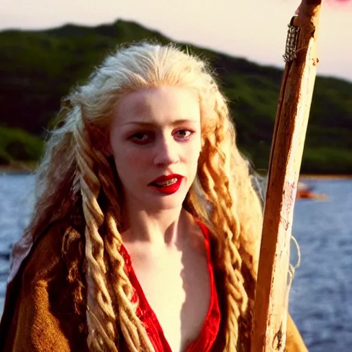 Image similar to a beautiful english woman with a long face narrow nose pale skin blue eyes red lips and wild messy tangles of curly white blonde hair leaning over the side of a sailing ship and throwing up, high resolution film still wearing a black robe and skull necklace and holding a spear, sandy, a journey to the west