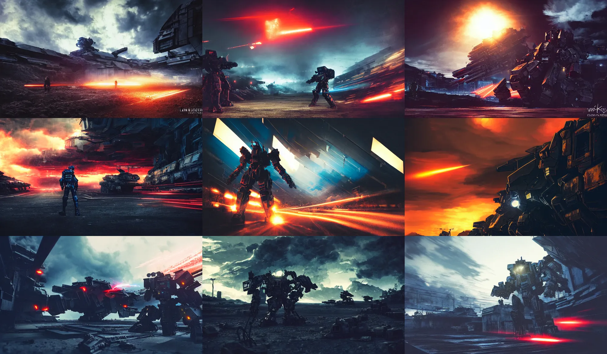 Image similar to an armored core v by liam wong, booster flares, legs, laser rifles, karst landscape, outdoor, dark blue sky, cloud, wilderness ground, golden time, twilight ; wide shot, digital painting, photoreal, cinematic contrast, dynamic backlighting, sharp edge, motion blur