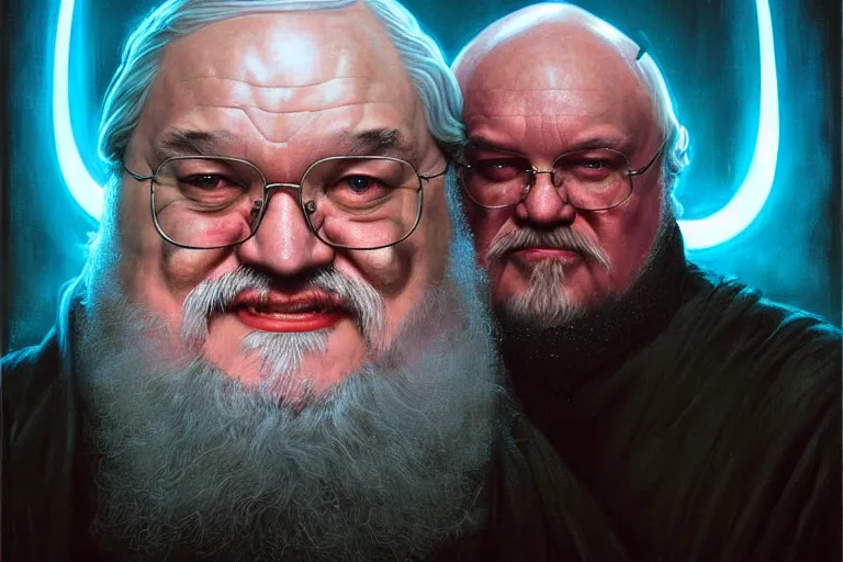 Image similar to poster portrait of george r r martin as a maester in “ game of thrones ” ( 1 9 8 4 ). artwork, 4 k digital art, neon, 8 0's style tomasz alen kopera, peter mohrbacher, donato giancola, boris vallejo, drew struzan hyperrealistic oil painting, gothic horror, frank frazetta