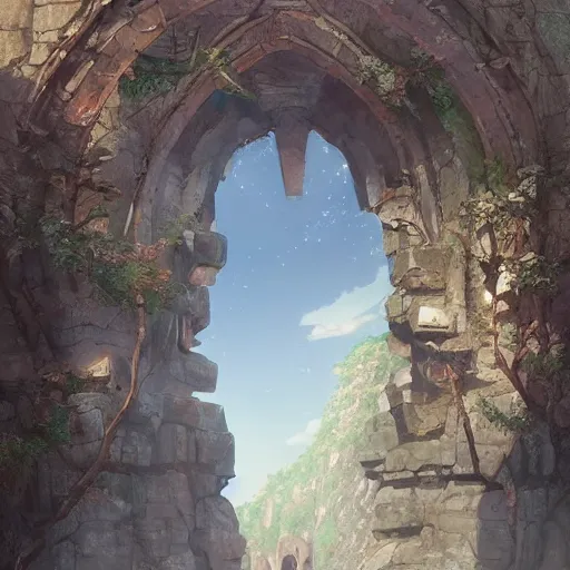 Image similar to concept art painting of an ancient ornate stone archway that is a portal to another world, inside the arch is a magical portal to another dimension, in the woods, realistic, detailed, cel shaded, in the style of makoto shinkai and greg rutkowski and james gurney