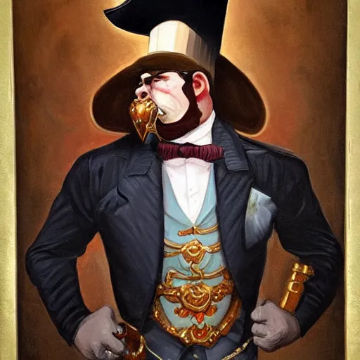 Image similar to a victorian era portrait painting of a warcraft orc in a suit and top hat by Peter Mohrbacher